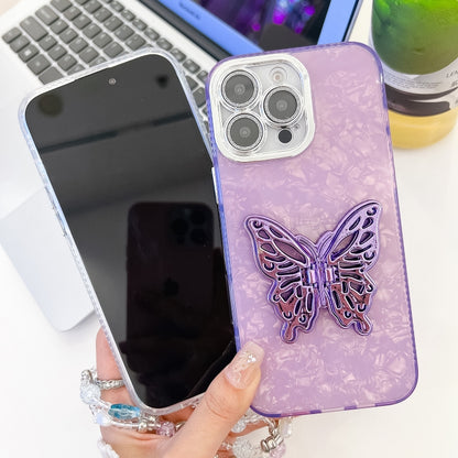 For iPhone 16 Pro Plating Glitter Lens Film Texture Butterfly Holder Wristband Phone Case(White Shell Pattern) - iPhone 16 Pro Cases by buy2fix | Online Shopping UK | buy2fix