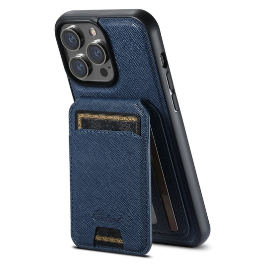 For iPhone 15 Pro Max Suteni H18 Cross Grain MagSafe Wallet Leather Phone Case(Blue) - iPhone 15 Pro Max Cases by Suteni | Online Shopping UK | buy2fix