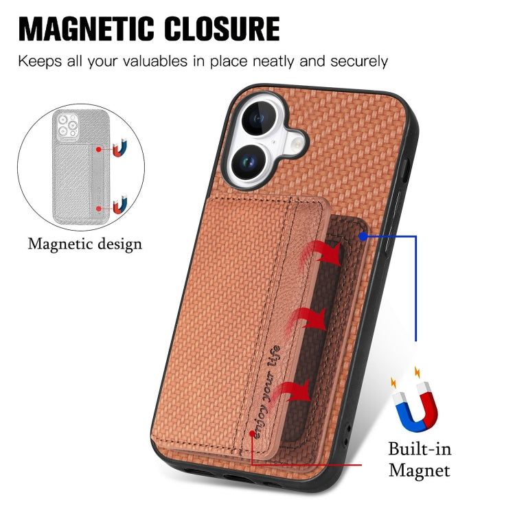 For iPhone 16 Plus Carbon Fiber Magnetic Card Wallet RFID Blocking Phone Case(Brown) - iPhone 16 Plus Cases by buy2fix | Online Shopping UK | buy2fix