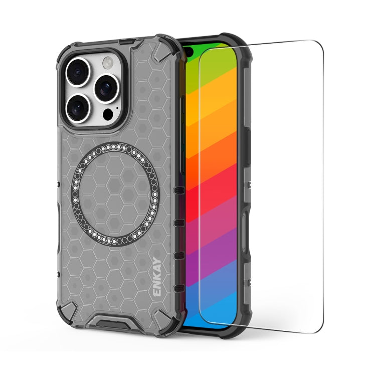 For iPhone 15 Pro Max ENKAY Hat-Prince Honeycomb MagSafe Shockproof Phone Case with Large Arc Edge Film(Grey) - iPhone 15 Pro Max Cases by ENKAY | Online Shopping UK | buy2fix