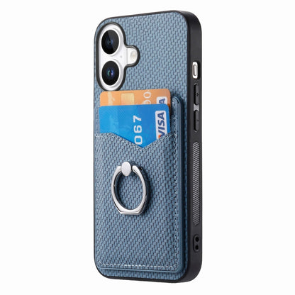 For iPhone 16 Carbon Fiber Card Wallet Ring Phone Case(Blue) - iPhone 16 Cases by buy2fix | Online Shopping UK | buy2fix