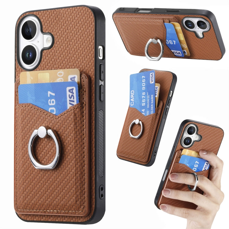 For iPhone 16 Plus Carbon Fiber Card Wallet Ring Phone Case(Brown) - iPhone 16 Plus Cases by buy2fix | Online Shopping UK | buy2fix