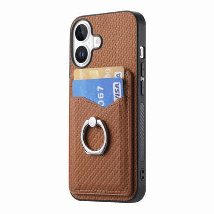 For iPhone 16 Plus Carbon Fiber Card Wallet Ring Phone Case(Brown) - iPhone 16 Plus Cases by buy2fix | Online Shopping UK | buy2fix