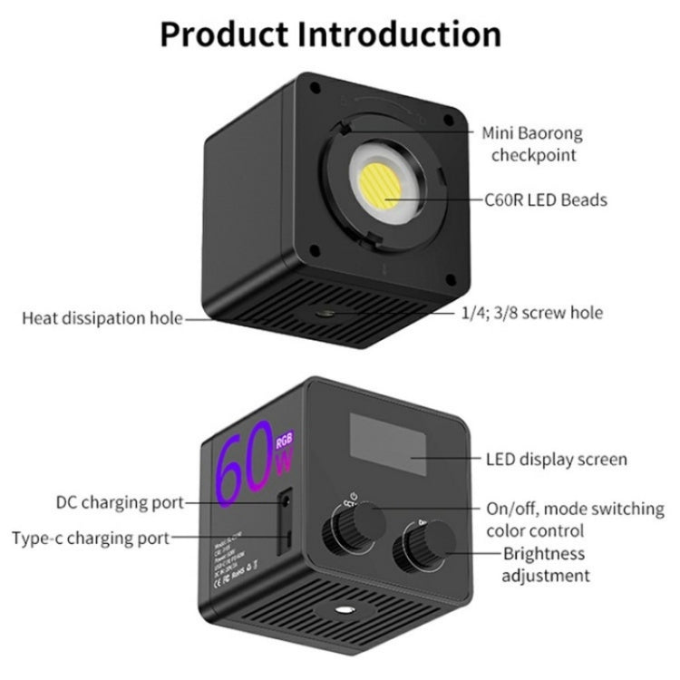 C60R 60W RGB Stage Lamp Professional Video Photography COB Fill Light With 8 Batteries, Plug:US Plug - Selfie Light by buy2fix | Online Shopping UK | buy2fix