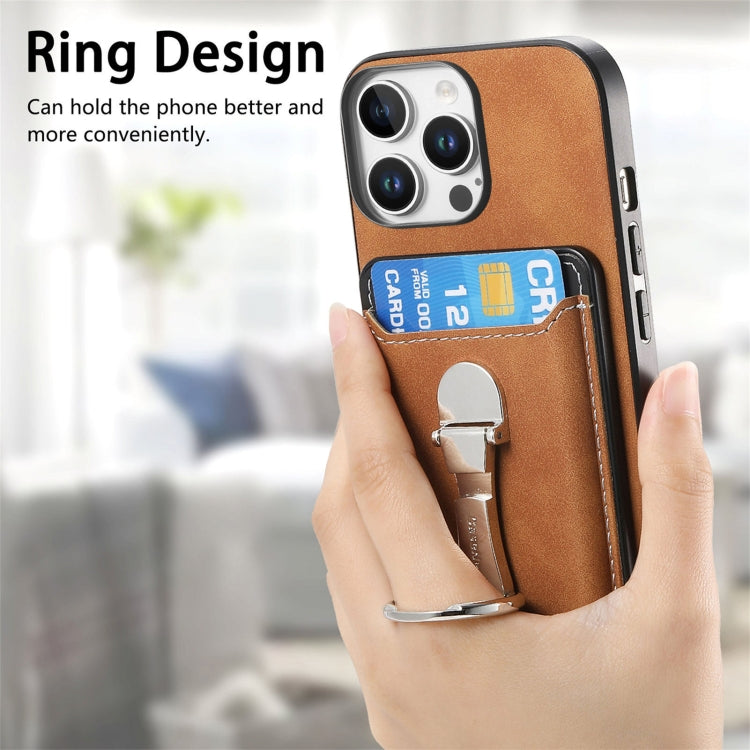 For iPhone 16 Pro Retro Folding Ring Holder Card Bag MagSafe Phone Case(Brown) - iPhone 16 Pro Cases by buy2fix | Online Shopping UK | buy2fix