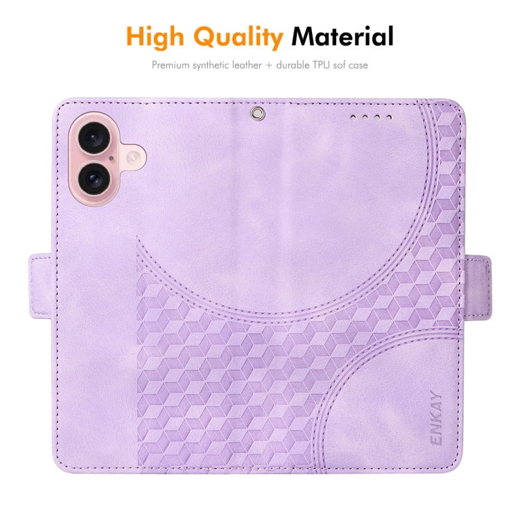 For iPhone 16 Plus ENKAY Embossed Rhombus Starry Leather Phone Case with Screen Film(Purple) - iPhone 16 Plus Cases by ENKAY | Online Shopping UK | buy2fix