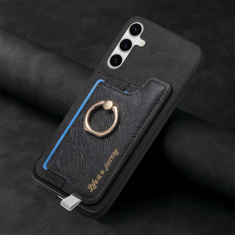 For Samsung Galaxy S25 5G Retro Cross Leather Ring Horizontal Insert Card Bag MagSafe Phone Case(Black) - Galaxy S25 5G Cases by buy2fix | Online Shopping UK | buy2fix