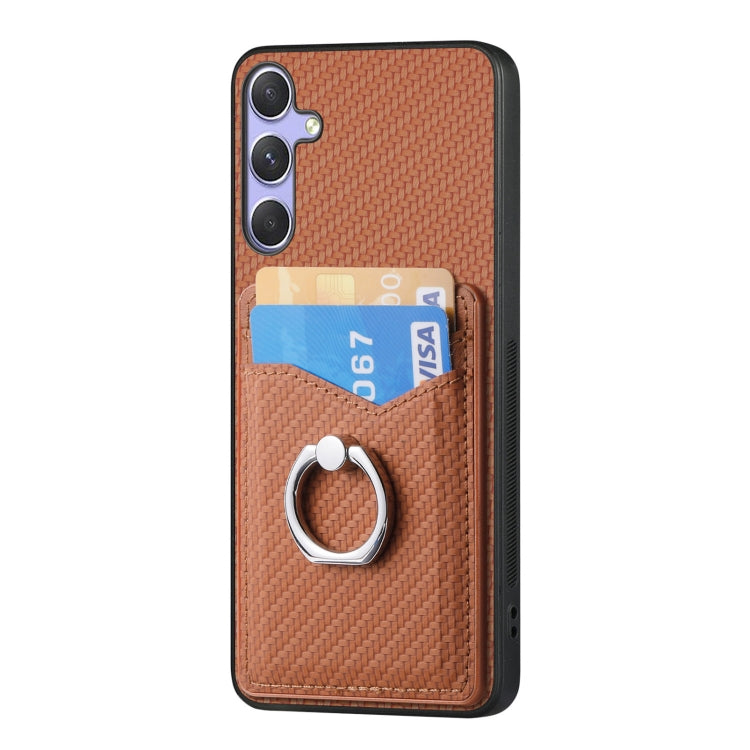 For Samsung Galaxy S25 5G Carbon Fiber Card Wallet Ring Phone Case(Brown) - Galaxy S25 5G Cases by buy2fix | Online Shopping UK | buy2fix