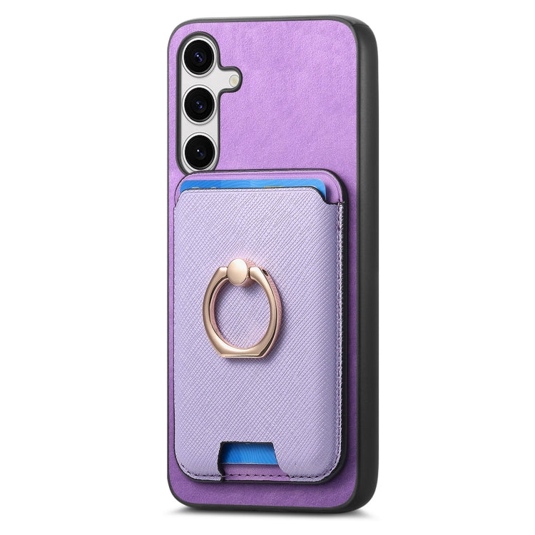 For Samsung Galaxy S25 5G Retro Cross Leather Ring Vertical Insert Card Bag MagSafe Phone Case(Purple) - Galaxy S25 5G Cases by buy2fix | Online Shopping UK | buy2fix