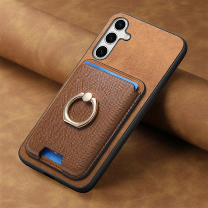 For Samsung Galaxy S25+ 5G Retro Cross Leather Ring Vertical Insert Card Bag MagSafe Phone Case(Brown) - Galaxy S25+ 5G Cases by buy2fix | Online Shopping UK | buy2fix