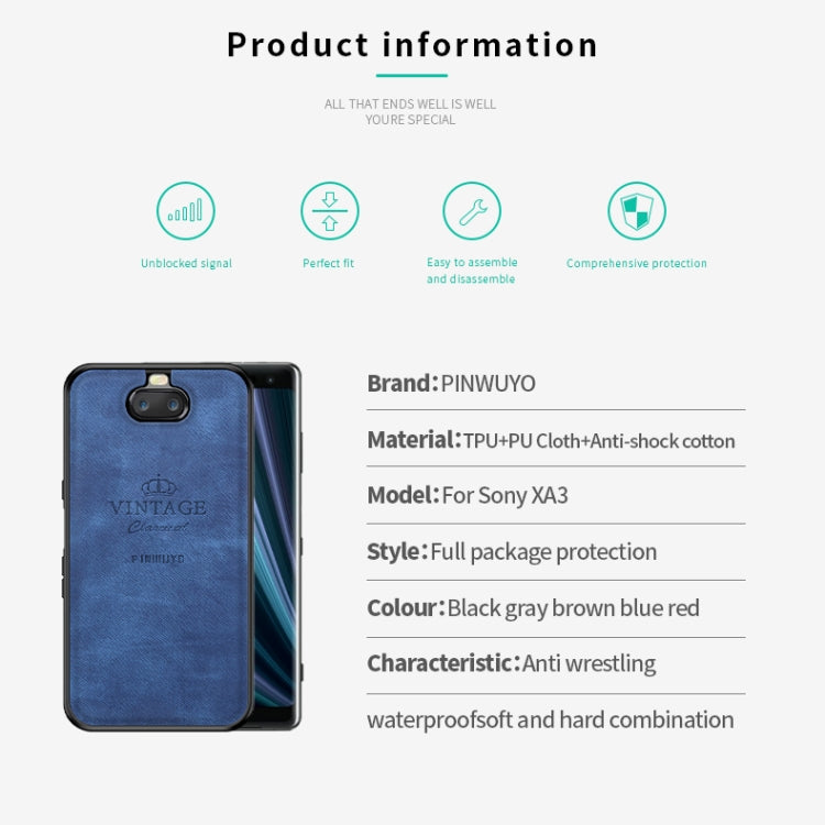 PINWUYO Shockproof Waterproof Full Coverage TPU + PU Cloth+Anti-shock Cotton Protective Case for Sony Xperia 10 / Xperia XA3(Blue) - Sony Cases by 1 | Online Shopping UK | buy2fix