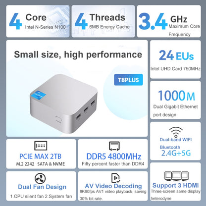 T8Plus Alder Lake-N100 4K Dual Band WIFI Bluetooth Office Game Portable Mini PC, Spec: 16G 128G US Plug - Windows Mini PCs by buy2fix | Online Shopping UK | buy2fix