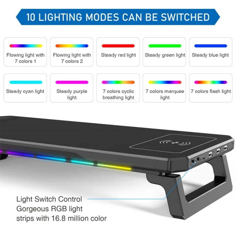 RGB Computer Monitor Stand Riser 3 USB 2.0 +1 Type-C Ports, Spec: Wireless Charging  Black - Laptop Stand by buy2fix | Online Shopping UK | buy2fix