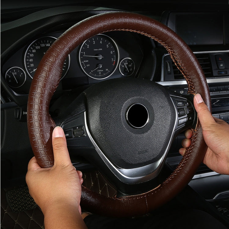 38cm Four-season Embossed Cowhide Hand-sewn Steering Wheel Cover(Coffee) - Steering Wheel Accessories by buy2fix | Online Shopping UK | buy2fix