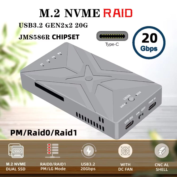 Dual M.2 NVME SSD RAID Array Mobile Hard Drive Enclosure Type-C USB3.2 GEN2x2 20G 586R(Dark Gray) - HDD Enclosure by buy2fix | Online Shopping UK | buy2fix