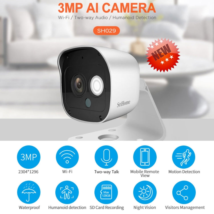 SriHome SH029 3.0 Million Pixels 1296P HD AI Camera, Support Two Way Talk / Motion Detection / Humanoid Detection / Night Vision / TF Card, UK Plug - Security by SriHome | Online Shopping UK | buy2fix