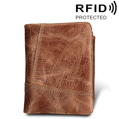 Genuine Cowhide Leather Crazy Horse Texture Zipper 3-folding Short Style Card Holder Wallet RFID Blocking Coin Purse Card Bag Protect Case for Men, Size: 12*9.5*4cm(Taupe) - Antimagnetic RFID Package by buy2fix | Online Shopping UK | buy2fix