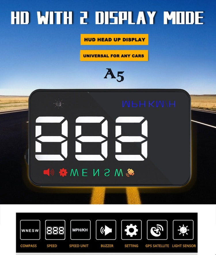 Geyiren A5 HUD 3.5 inch Car Head Up Display with GPS System, Two Mode Display, Light Sensors, KM/h MPH Speed, Compass, Speed Alarm(Black) - Head Up Display System by buy2fix | Online Shopping UK | buy2fix