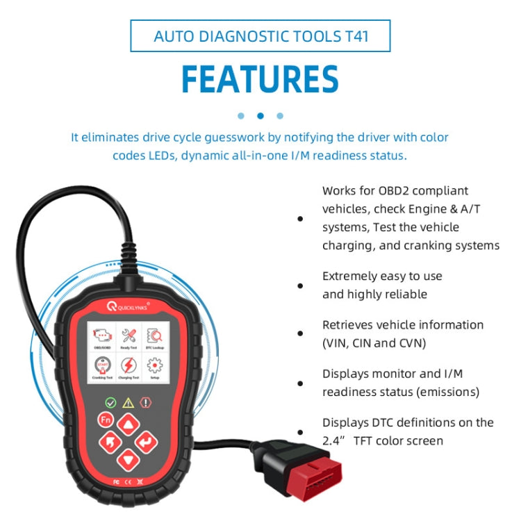 QUICKLYKS T41 Car OBD2 EOBD Fault Diagnostic Tool Fault Detector - In Car by buy2fix | Online Shopping UK | buy2fix