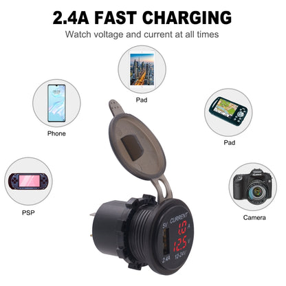 Universal Car Single Port USB Charger Power Outlet Adapter 2.4A 5V IP66 with LED Digital Voltmeter + Ammeter + 60cm Cable(Red Light) - Car Charger by buy2fix | Online Shopping UK | buy2fix