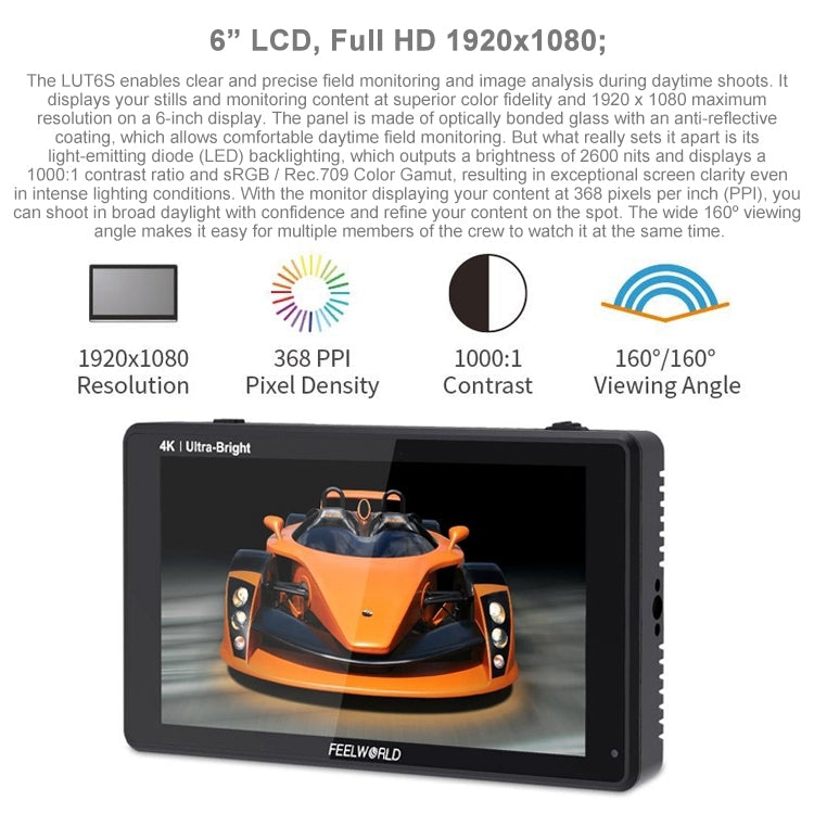 FEELWORLD LUT6S 1920x1080 2600 nits 6 inch IPS Screen HDMI 4K Touch Screen SDI HDI Camera Field Monitor - Camera Accessories by FEELWORLD | Online Shopping UK | buy2fix