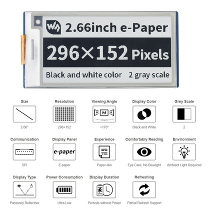 Waveshare 2.66 inch 296 x 152 Pixel Black / White E-Paper E-Ink Display Module for Raspberry Pi Pico, SPI Interface - Modules Expansions Accessories by WAVESHARE | Online Shopping UK | buy2fix