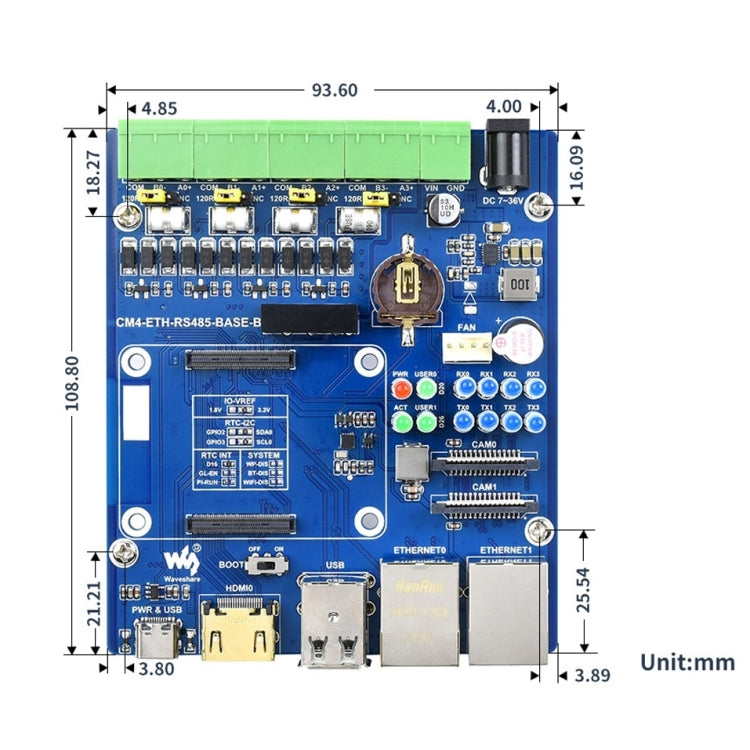 Waveshare Dual ETH Quad RS485 Base Board B for Raspberry Pi CM4, Gigabit Ethernet - LCD & LED Display Module by WAVESHARE | Online Shopping UK | buy2fix