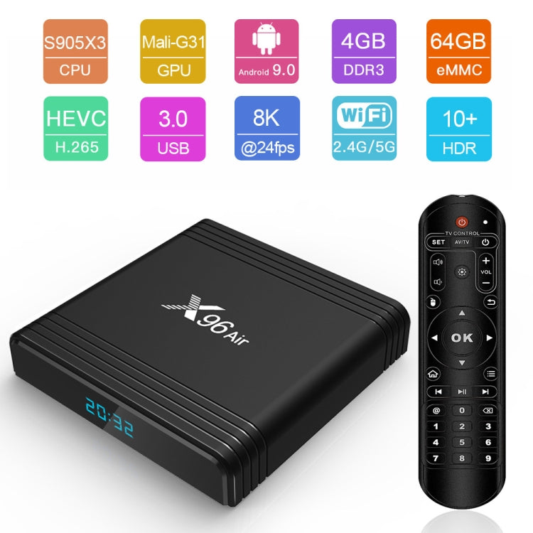 X96 Air 8K Smart TV BOX Android 9.0 Media Player with Remote Control, Quad-core Amlogic S905X3, RAM: 2GB, ROM: 16GB, Dual Band WiFi, AU Plug - Consumer Electronics by buy2fix | Online Shopping UK | buy2fix