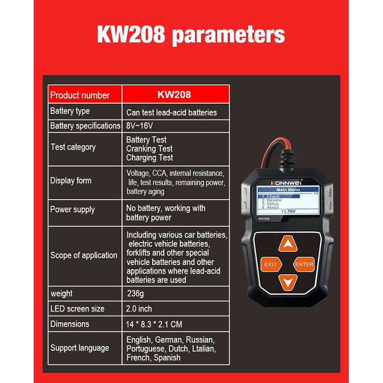 KONNWEI KW208 Car TFT Color Screen Battery Tester Support 8 Languages - In Car by KONNWEI | Online Shopping UK | buy2fix
