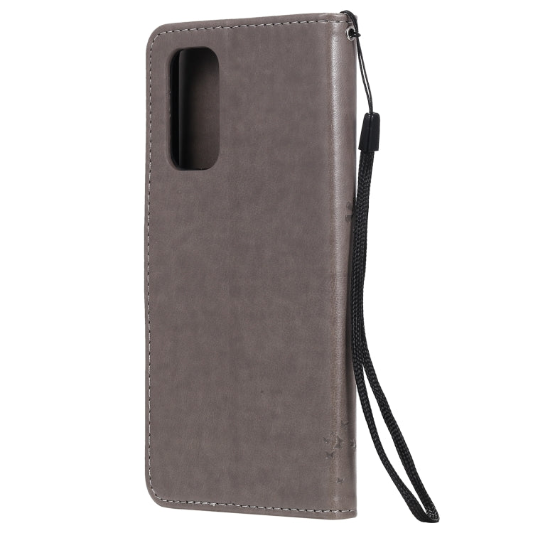 For OPPO Reno5 5G Tree & Cat Pattern Pressed Printing Horizontal Flip PU Leather Case with Holder & Card Slots & Wallet & Lanyard(Gray) - OPPO & vivo Accessories by buy2fix | Online Shopping UK | buy2fix