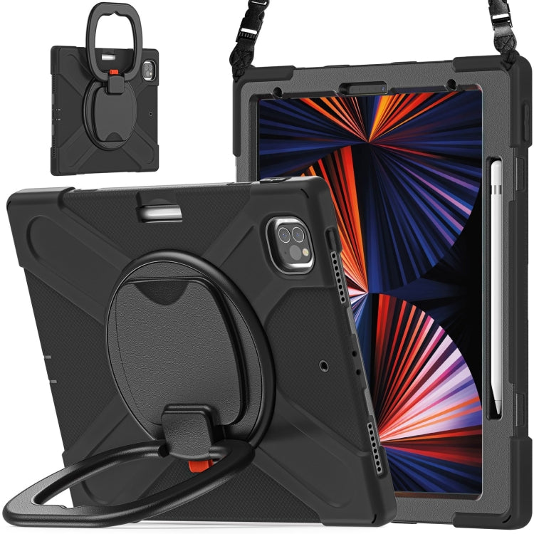 For iPad Pro 12.9 2022 / 2021 Silicone + PC Protective Tablet Case with Holder & Shoulder Strap(Black+Black) - iPad Pro 12.9 (2022/2021) Cases by buy2fix | Online Shopping UK | buy2fix