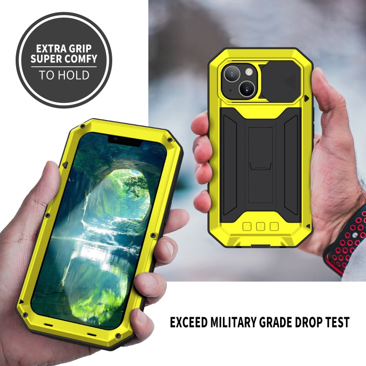 For iPhone 13 mini R-JUST Sliding Camera Shockproof Waterproof Dust-proof Metal + Silicone Protective Case with Holder (Yellow) - Apple Accessories by R-JUST | Online Shopping UK | buy2fix