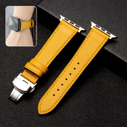 Butterfly Clasp  Top Layer Cowhide Leather Strap Watch Band For Apple Watch Series 8&7 41mm / SE 2&6&SE&5&4 40mm / 3&2&1 38mm(Yellow) - Watch Bands by buy2fix | Online Shopping UK | buy2fix
