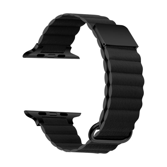 Magnetic Leather Strap Watch Band For Apple Watch Ultra 49mm / Series 8&7 45mm / SE 2&6&SE&5&4 44mm / 3&2&1 42mm(Black Buckle Black) - Smart Wear by buy2fix | Online Shopping UK | buy2fix