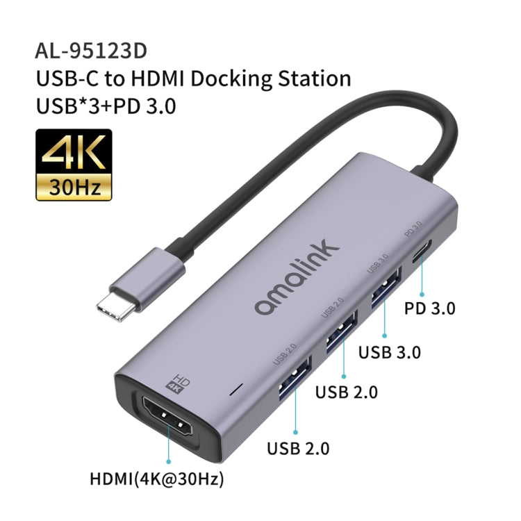 amalink 95123D Type-C / USB-C to HDMI + 3 Ports USB + PD 3.0 Multi-function HUB(Grey) - USB HUB by amalink | Online Shopping UK | buy2fix