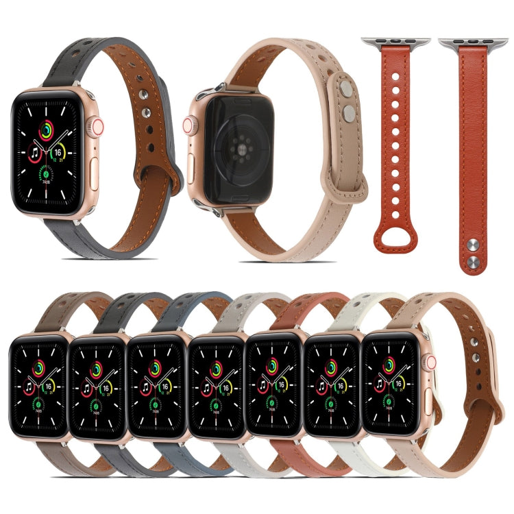 Double Rivets Leather Watch Band for Apple Watch Series 9&8&7 41mm / SE 3&SE 2&6&SE&5&4 40mm / 3&2&1 38mm(Grey) - Watch Bands by buy2fix | Online Shopping UK | buy2fix