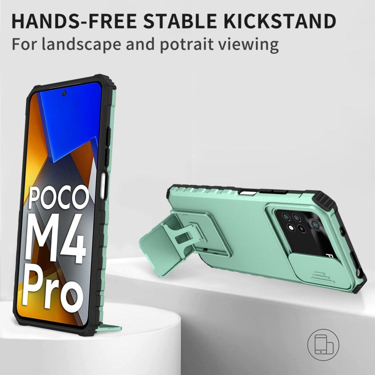 For Xiaomi Poco M4 Pro 4G Stereoscopic Holder Sliding Camshield Phone Case(Light Blue) - Xiaomi Cases by buy2fix | Online Shopping UK | buy2fix