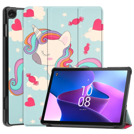 For Lenovo Tab M10 3rd Gen Custer Painted 3-Fold Holder Smart Leather Tablet Case(Unicorn) - For Lenovo by buy2fix | Online Shopping UK | buy2fix