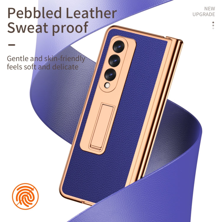 For Samsung Galaxy Z Fold3 5G Litchi Texture Leather Hinged Electroplated Phone Case with S Pen Fold Edition & Protective Film(Blue) - Galaxy Phone Cases by buy2fix | Online Shopping UK | buy2fix