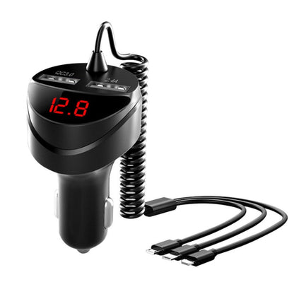 C68 LED Digital Display QC3.0 Fast Car Charger 3 in 1 with Spring Cable(Black) - In Car by buy2fix | Online Shopping UK | buy2fix