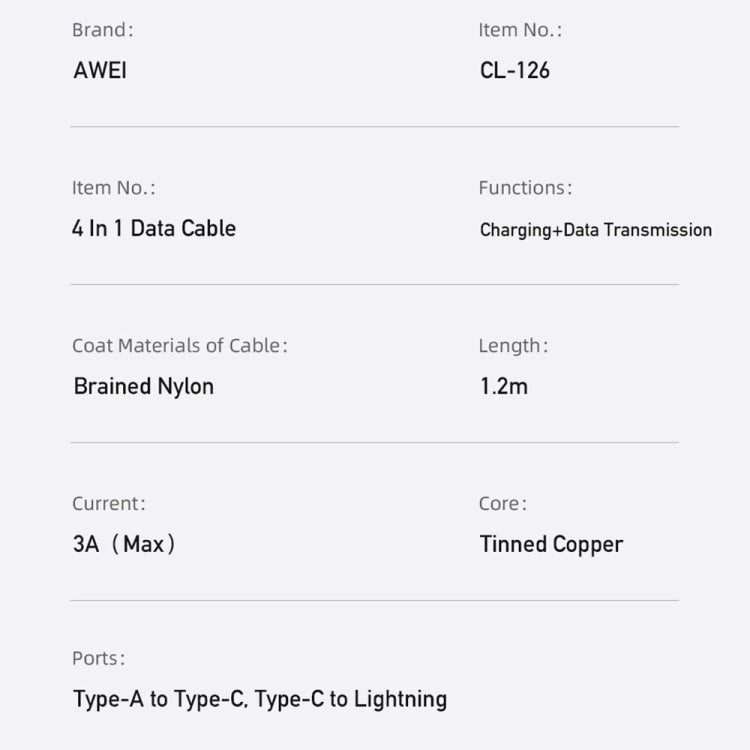 awei CL-126 1.2m 4 in 1 USB to USB-C / Type-C to 8Pin Data Fast Charging Cable(Black) -  by awei | Online Shopping UK | buy2fix