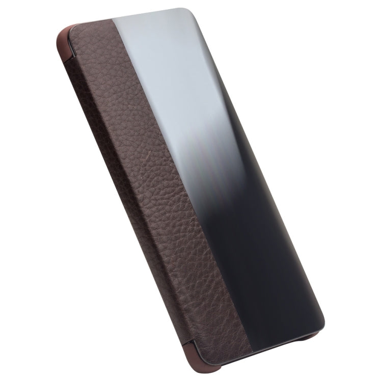 For Huawei P30 QIALINO Genuine Leather Side Window View Smart Phone Case(Brown) - Huawei Cases by QIALINO | Online Shopping UK | buy2fix