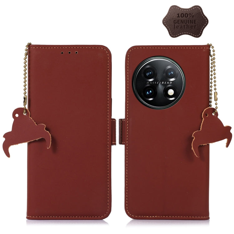 For OnePlus 11 Genuine Leather Magnetic RFID Leather Phone Case(Coffee) - OnePlus Cases by buy2fix | Online Shopping UK | buy2fix