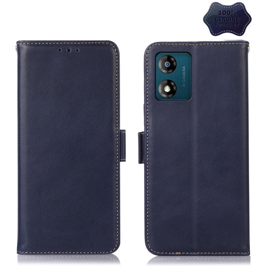 For Motorola Moto E13 4G 2023 Crazy Horse Top Layer Cowhide RFID Leather Phone Case(Blue) - Motorola Cases by buy2fix | Online Shopping UK | buy2fix