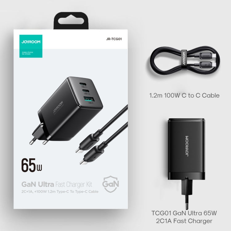 JOYROOM TCG01 GaN Ultra 65W 2 Type-C + 1 USB Fast Charger with 1.2m Type-C Cable, Plug:EU Plug(Black) - USB Charger by JOYROOM | Online Shopping UK | buy2fix