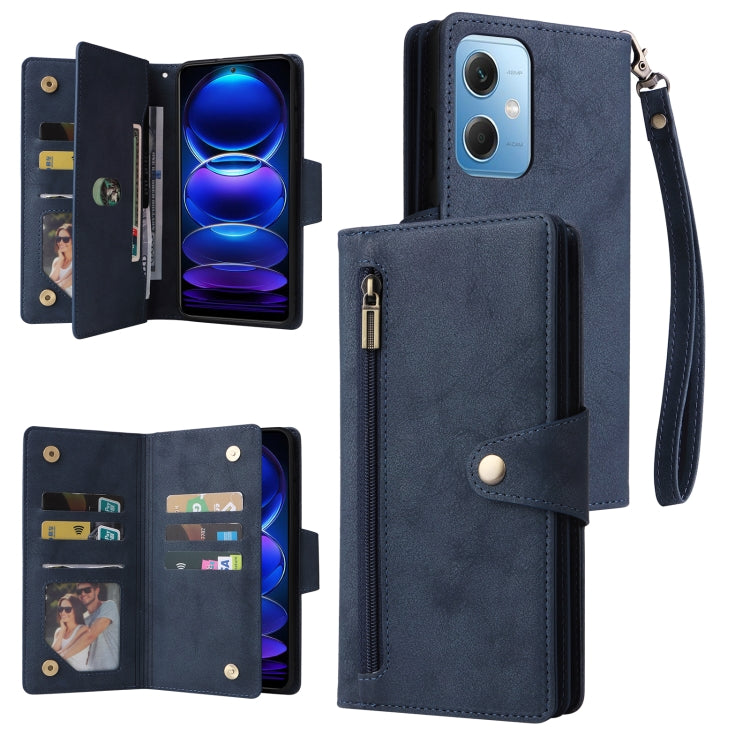 For Xiaomi Redmi Note 12 5G Global / Poco X5 Rivet Buckle 9 Cards Three Fold Leather Phone Case(Blue) - Note 12 Cases by buy2fix | Online Shopping UK | buy2fix