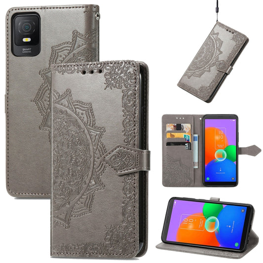 For TCL 403 Mandala Flower Embossed Leather Phone Case(Grey) - More Brand by buy2fix | Online Shopping UK | buy2fix
