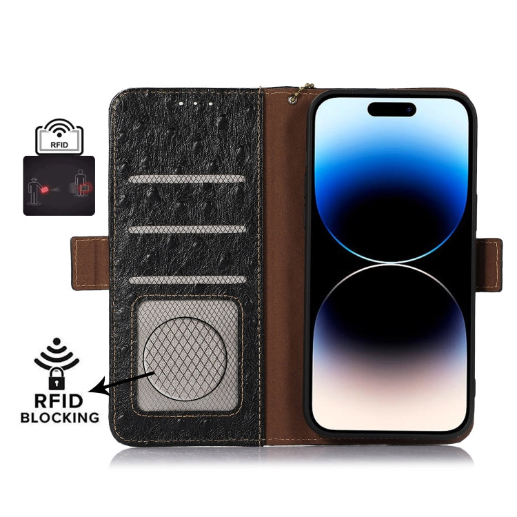 For Nokia C32 4G Ostrich Pattern Genuine Leather RFID Phone Case(Black) - Nokia Cases by buy2fix | Online Shopping UK | buy2fix