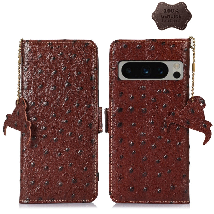 For Google Pixel 8 Pro Ostrich Pattern Genuine Leather RFID Phone Case(Coffee) - Google Cases by buy2fix | Online Shopping UK | buy2fix