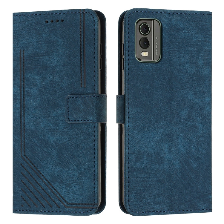 For Nokia C32 Skin Feel Stripe Pattern Leather Phone Case with Lanyard(Blue) - Nokia Cases by buy2fix | Online Shopping UK | buy2fix